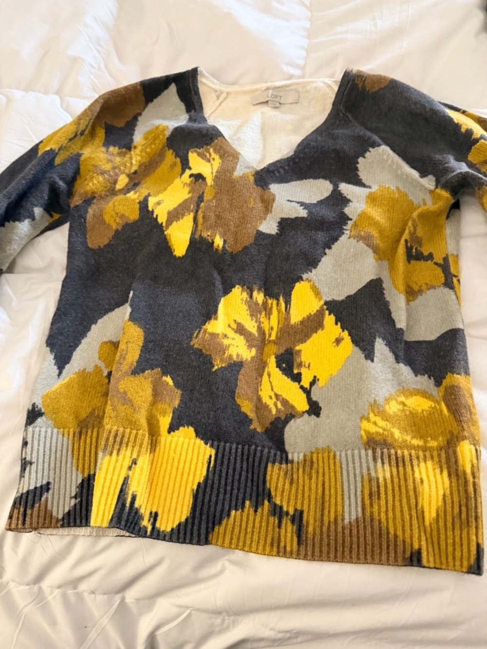 LOFT Floral V-Neck Sweater in Yellow, Gray & Brown